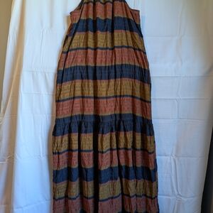 H&M Striped High Neck Halter Sleeveless Frill Earth-tone Patterned Maxi Dress